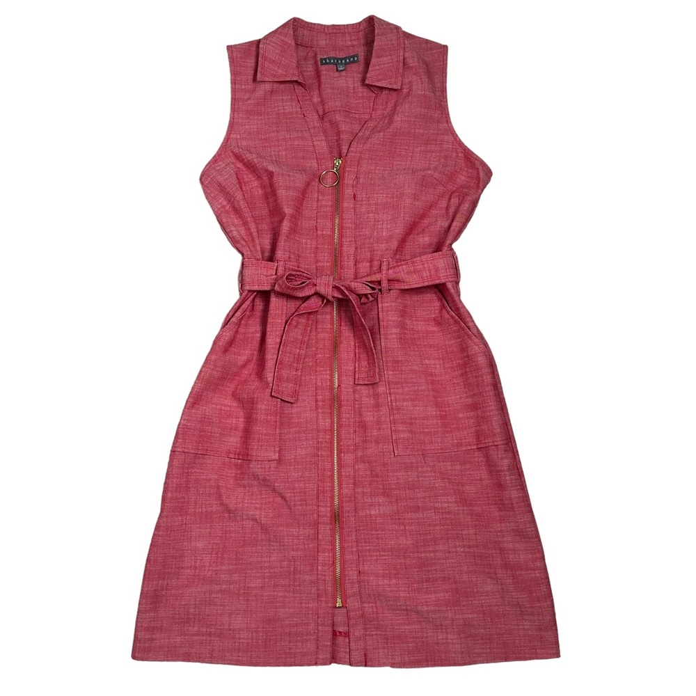 Sharagano Sleeveless Zip Front Belted Dress in Rose Red